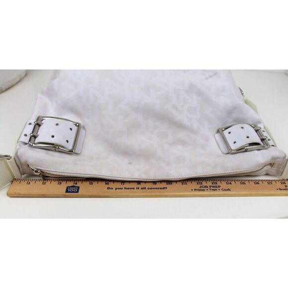 LARGE DKNY SIGNATURE WHITE JACQUARD LEATHER SHOULDER BAG CROSSBODY HOBO PURSE - Picture 13 of 14